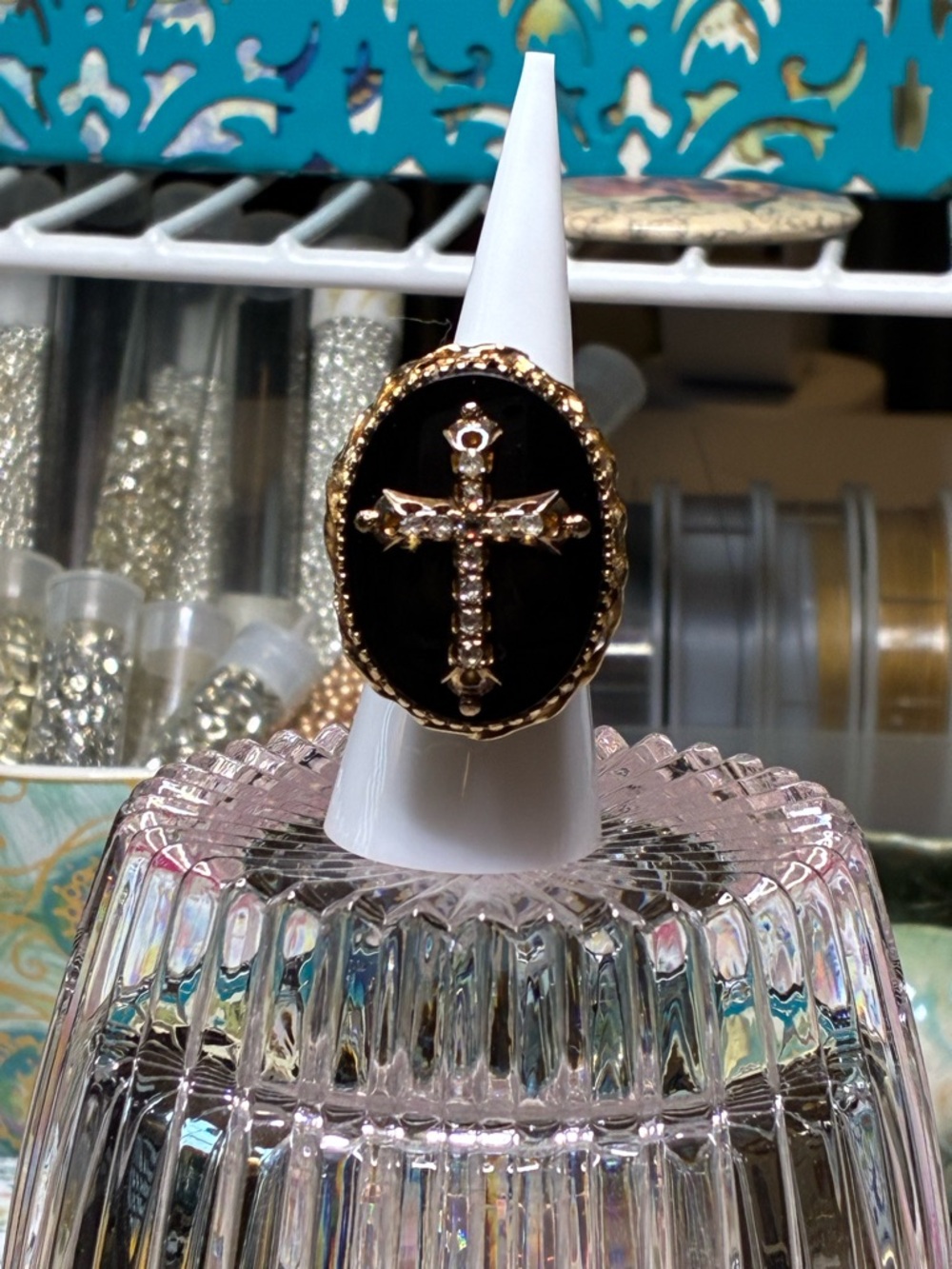 14k Gold Cross Ring with Black Onyx